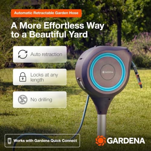 GARDENA Automatic Retractable Garden Hose Reel - 50 Feet - 360 Degree Swivel Outdoor Hose Reel with Metal Spike Base - Auto Retract - UV Resistant