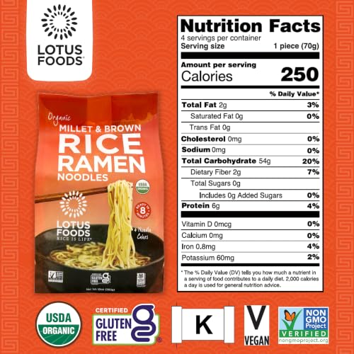 Lotus Foods Organic Millet and Brown Rice Ramen - 10 Oz Bag (Pack of 1) | Noodles, Gluten Free Instant Ramen Noodles, Vegan, Low Sodium, Made with Brown Rice Flour and Millet Flour