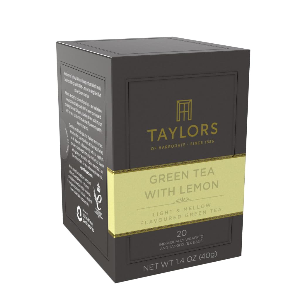 Taylors of Harrogate Green Tea with Lemon, Individually Wrapped Bags, 20 Count (Pack of 1), Citrussy, Mellow and Light, Caffeinated, Enjoy Hot or Iced, 20 Teabags