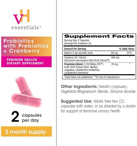 vH essentials Probiotics for Women with Prebiotics and Cranberry, 60 Ct | Feminine Health Dietary Supplement, Probiotics Support Gut Balance, Urinary Tract Health for Women, 30 Day Supply