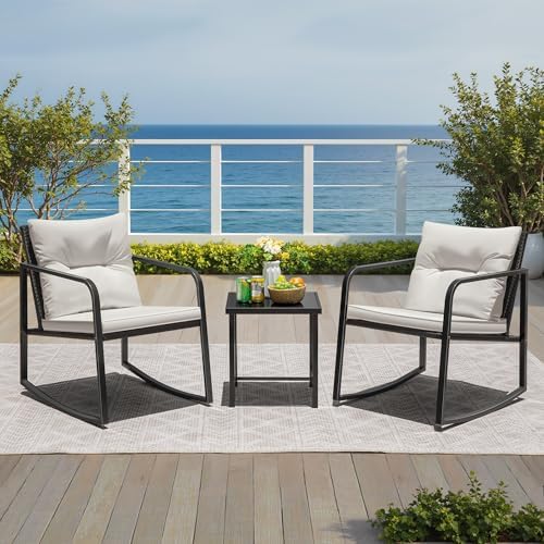 Greesum 3 Pieces Rocking Wicker Bistro Set,Patio Conversation Sets,Beige