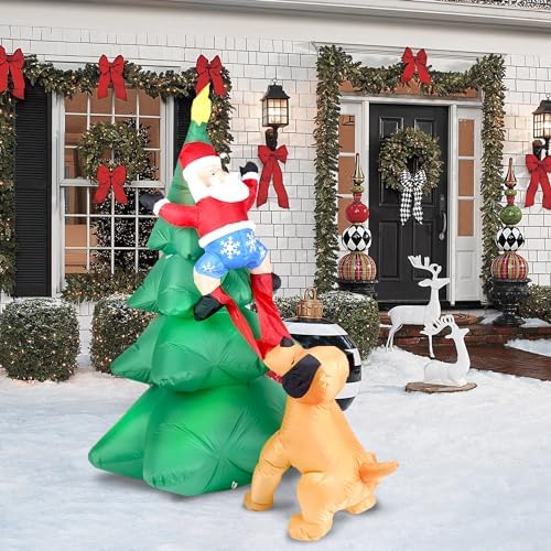 6.5FT H Animated Christmas Inflatable Tree with Santa Claus Chased by Dog Build-in LED Lights Funny Inflatable Dog Chasing Santa Claus,Blow Up Christmas Indoor Outdoor Decor