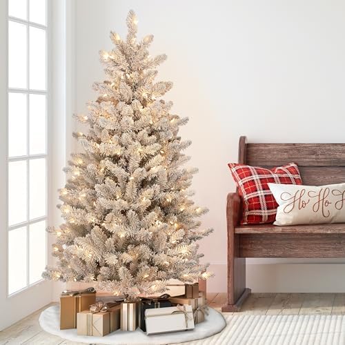 Puleo International 7.5 Foot Pre-Lit Slim Flocked Fraser Fir Artificial Christmas Tree with 500 UL Listed Clear Lights