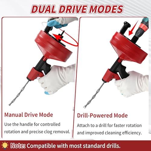 Drain Snake 50 Ft with Drill Attachment, Auto Feed 1/4 Inch Plumbing Snake for Sink, Shower & Tub Clogs, Manual or Drill-Powered Drain Auger