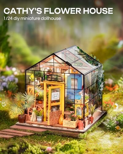 Rolife Greenhouse DIY Miniature Dollhouse Kit Creative Gift for Adults | 1:18 Scale Cathy's Flower House with LED Light, Wooden 3D Puzzle Model Kit
