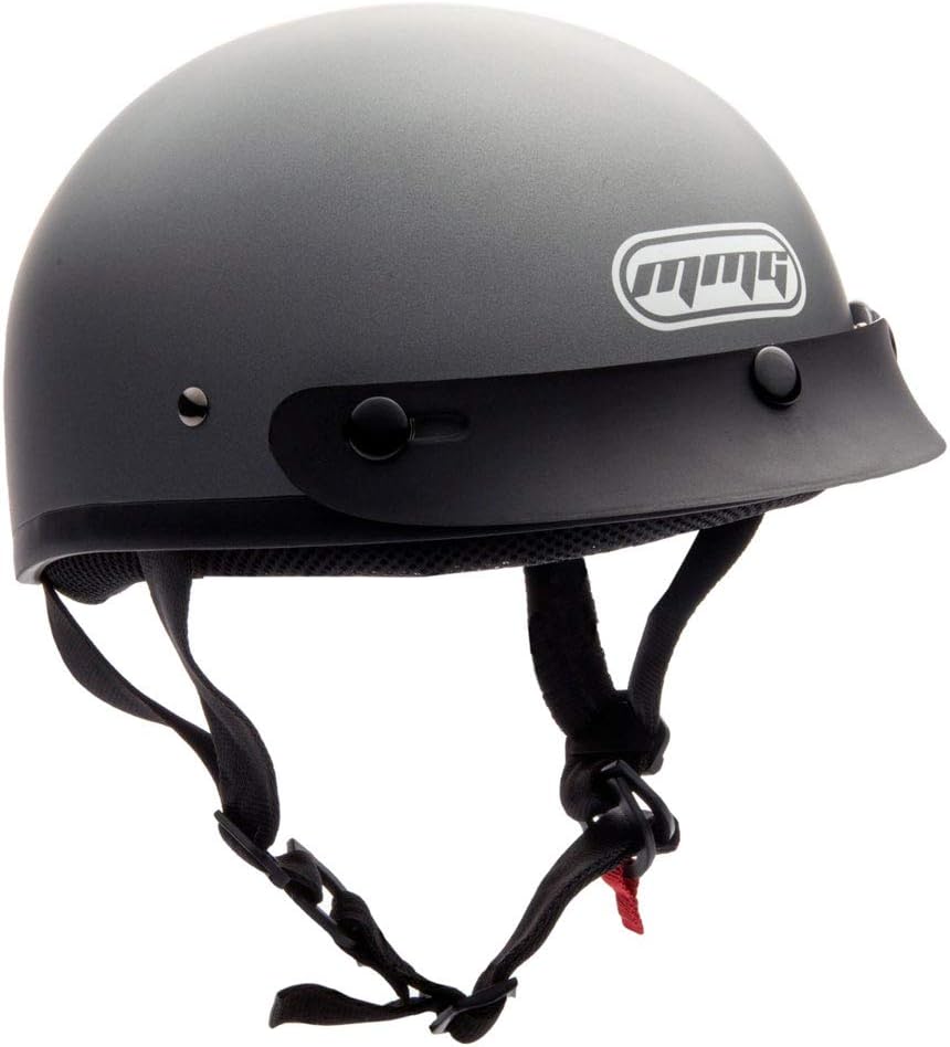 MMG Adult Half Shell Helmet, Motorcycle/Scooter/Moped, Matte Gray, Medium | Lightweight Polycarbonate/ABS half shell, goggles included. Padded washable liner, double D-ring strap. DOT FMVSS-218.