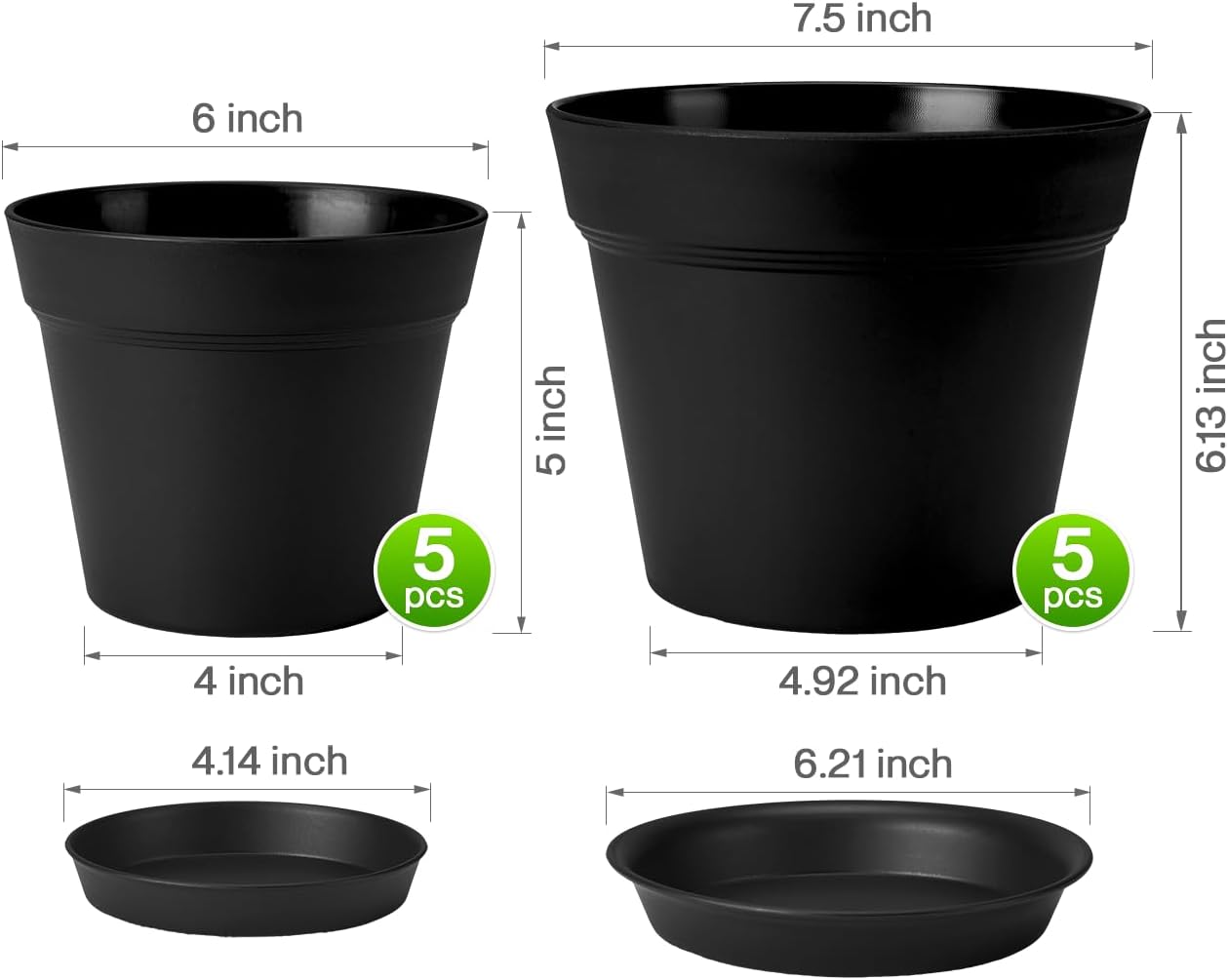 homenote 7.5 Inch Plastic Flower Pots with Drainage Holes and Trays (8 Pcs)