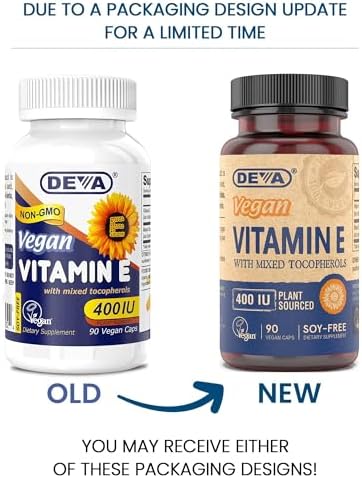 DEVA Vegan Vitamins Natural Vitamin E 400IU with Mixed Tocopherols, Supports Immune System & Skin Nutrition, Natural Antioxidant & Gluten Free, Dairy Free, Non-GMO, 90 Capsules