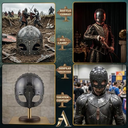 AnNafi® Black Plated Antique Medieval Viking Mask Helmet, Premium Quality Soldier Helm Adult with Liner & Strap