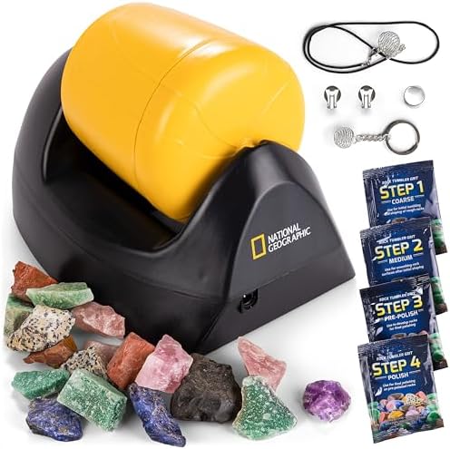 National Geographic Starter Rock Tumbler Kit for Kids and Adults | Leak-Proof Rubber Barrel, 1/2 Lb. Rough Gemstones, 4-Stage Polishing Grit