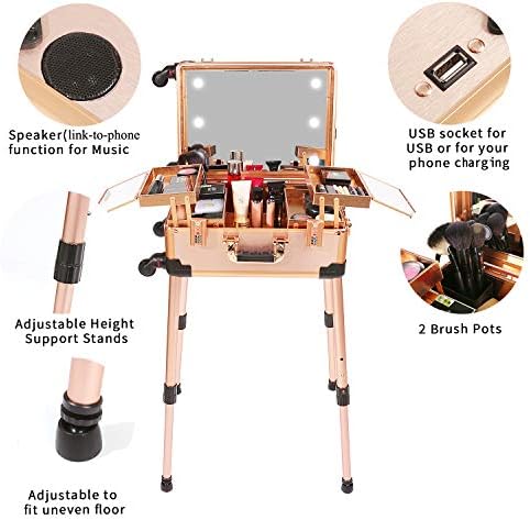 Medium Makeup Train Case with Code Lock, Lighted Mirror, Speaker Travel Cosmetic Organizer Box, Professional Artist Trolley Studio Free Standing Case