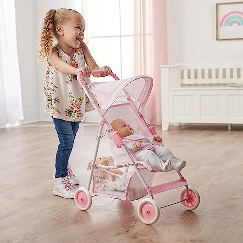 Badger Basket Folding Doll Umbrella Stroller with Basket - Pink/White | Fits up to 18" dolls