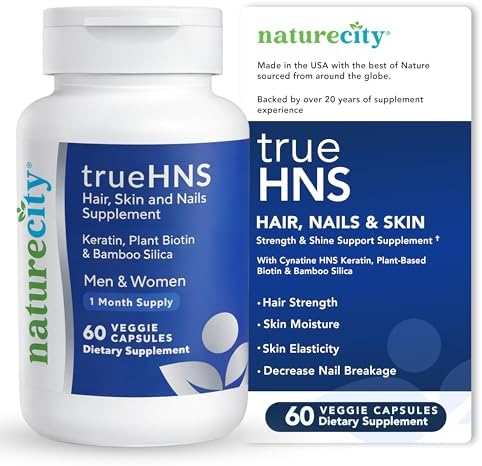 NatureCity True-HNS Hair Nails and Skin Cynatine Keratin and Plant Based Biotin Vitamin Supplement | Fuller and Stronger Hair and Nails | Non GMO | 60 Veggie Capsules