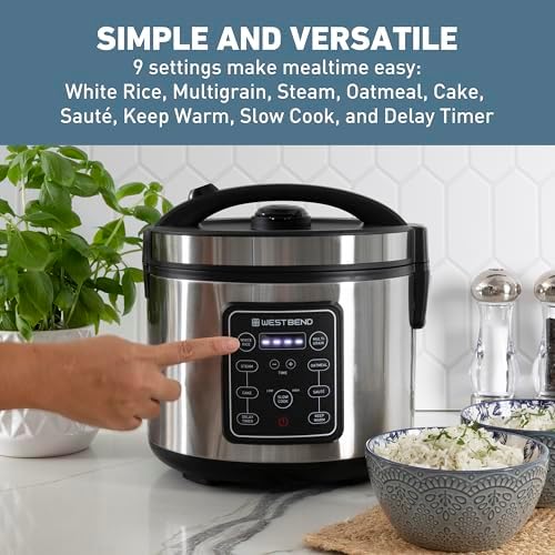 West Bend Rice & Grain Multi Cooker Programmable with 9 Preset Functions, Features Delay Start and Keep Warm Functions and Steam Basket, 20 Cups Cooked (10 cups uncooked), Stainless Steel