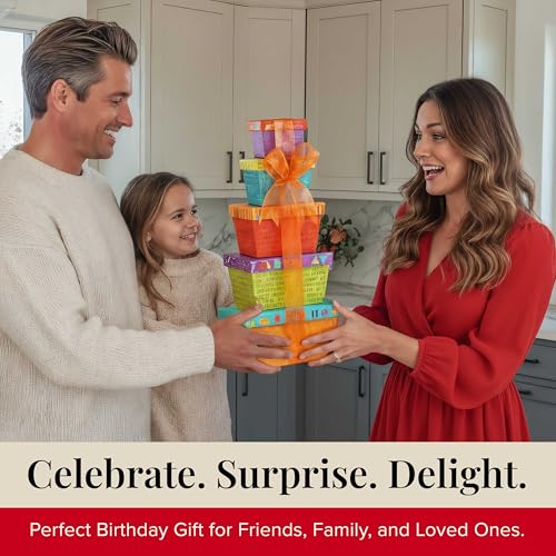 Broadway Basketeers Fun Filled Birthday Gift Basket, Savory Snacks & Sweet | Happy birthday snack boxes with cookies, popcorn, and candy for women, mom, sister, and coworkers.