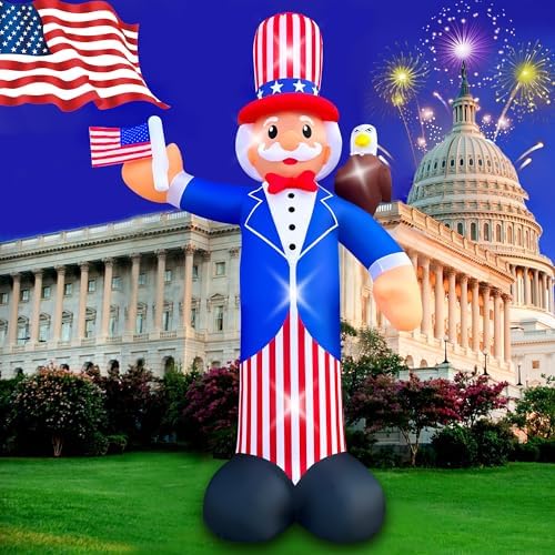 SEASONBLOW 12FT Independence Day Inflatable Uncle Sam with Bald Eagle Decorations Patriotic 4th of July LED Light Up Blow up Flag for Home Yard Lawn