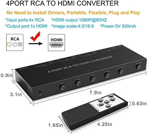 4Port AV to HDMI Converter, 4Port AV to HDMI Switcher with IR Remote