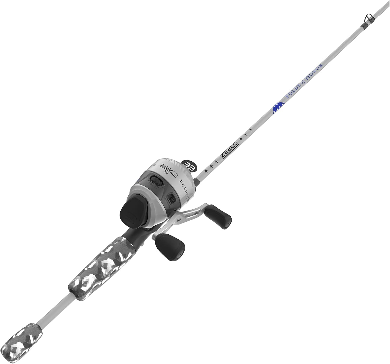 Zebco 33 Folds of Honor Spincast Reel and 2-Piece Fishing Rod Combo, 6-Foot Fiberglass Rod, Quickset Anti-Reverse Fishing Reel with Bite Alert