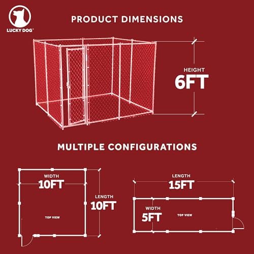 Lucky Dog 10' x 10' x 6' Heavy Duty Outdoor Welded Galvanized Steel Chain Link Dog Kennel Enclosure with 2 Configurations and Latching Door, Silver