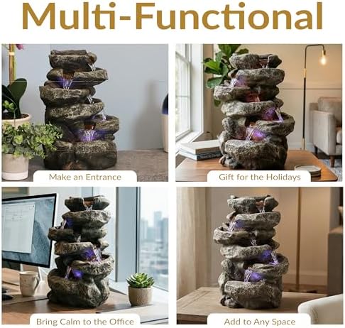 Sunnydaze 15" 6-Tier Tabletop Water Fountain with LED Lights, Stone Falls | Indoor Tabletop Fountain, Calming Sounds