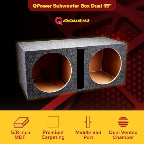 QPower QBASS 15 Inch Heavy Duty MDF Car Audio Stereo Speakers Subwoofer Sub Box Enclosure with Dual Vented Chamber and Charcoal Carpet
