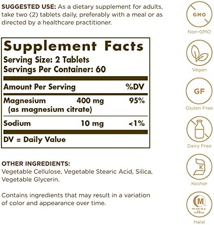 Solgar Magnesium Citrate - 120 Tablets, Pack of 2 - Promotes Healthy Bones, Supports Nerve & Muscle Function - Highly Absorbable - Non-GMO, Vegan, Gluten Free, Kosher - 120 Total Servings