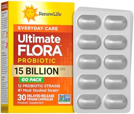 Renew Life Ultimate Flora Probiotic 15 Billion CFU | 30 Delayed Release Vegan Capsules Go Pack | Everyday Care Formula | Dairy, Soy, and Gluten Free Supplement