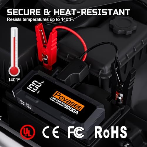 [2026NEW Model] 5000A Jump Starter with Air Compressor,Car Jumper Starter Portable with 150PSI Tire Inflator 12V Jump Box with LCD Display,Flashlight,Storage Case (Up 9L Gas/8L Diesel Engine