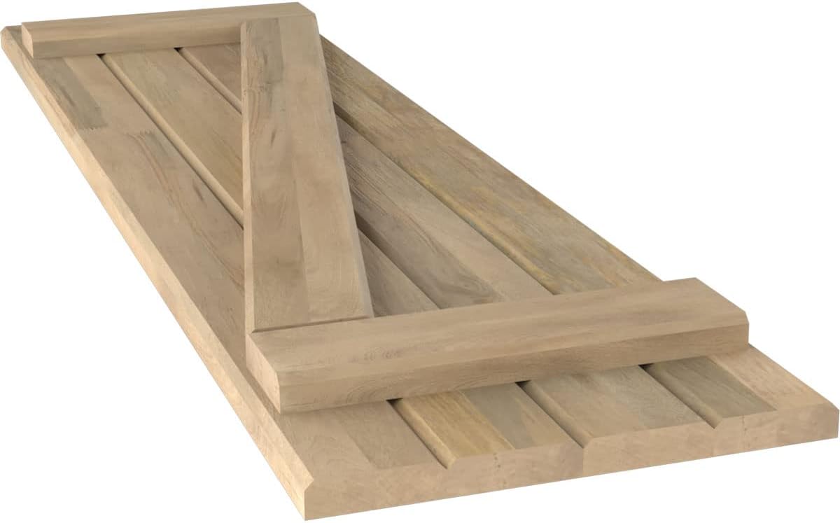 14"W x 62"H Americraft Four Board (2 Batten) Exterior Real Wood Joined Board-n-Batten Shutters w/Z-Bar (Per Pair), Unfinished