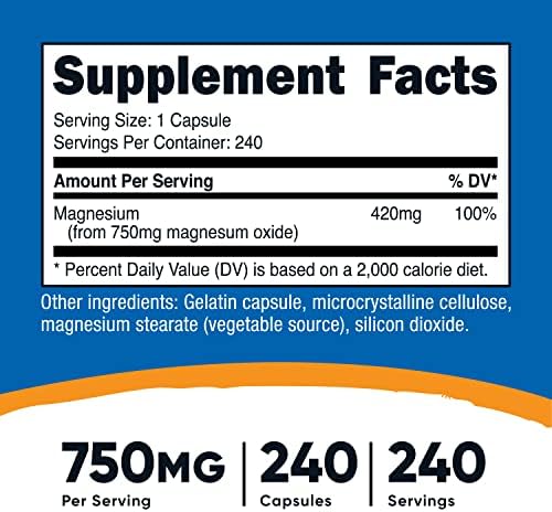 Nutricost Magnesium Oxide 750mg, 240 Capsules, 420mg of Magnesium, GMO-Free | Gluten Free