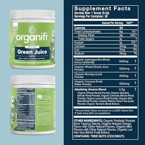Organifi Green Juice - Powder Supplement with Organic Spirulina, Ashwagandha, and Chlorella - Helps Achieve Fitness Goals and Reduce Cortisol Levels, 30-Day Supply
