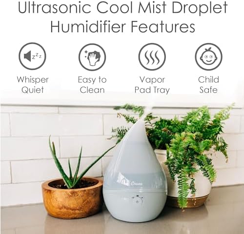 Crane Droplet Ultrasonic Small Air Humidifiers for Bedroom and Office, 0.5 Gallon Cool Mist Humidifier for Plants and Home, Humidifier Filters Optional, Blue and White
