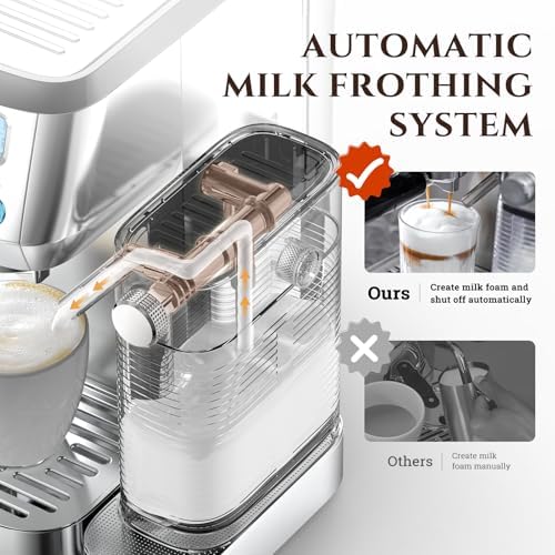 AMZCHEF Espresso Machine, Auto Milk Frother, 20 Bar Pressure | Home Coffee Maker with 61oz Removable Tank & LCD Display, One-Touch Latte for Beginners
