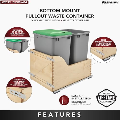Rev-A-Shelf Pull Out Trash Can for Kitchen Cabinets 35 Qt 8.75 Gal Bottom Mounted, Undermount Soft-Close Slides, Silver, 4WCSC-1835DMND-2