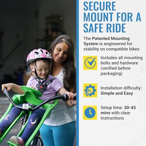 Front Mounted Child Seat with Patented Mounting for Easy and Secure Installation - Child’s Bike Seat with 3-Point Safety Harness and Adjustable