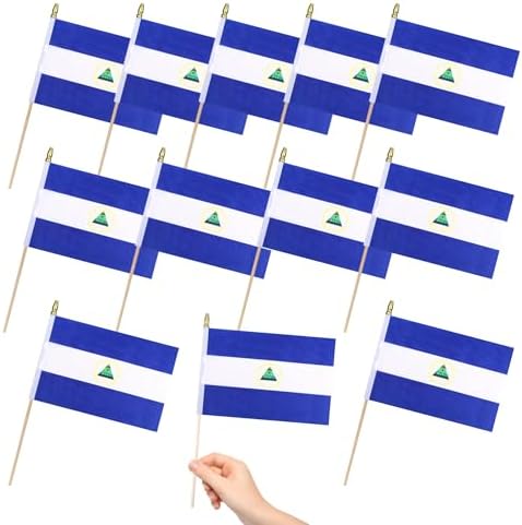 12 Pack Nicaragua Miniature Small Wooden Stick Flags Nicaraguans Mini Handheld Flag Patio Lawn & Garden Outdoor Decorations,8x5 Inch