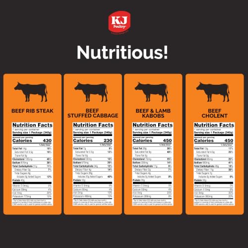 KJ Poultry Kosher Ready Meals - Beef Variety (4 Pack) Prepared Entree Fully Cooked, Shelf Stable Microwave Dinner Travel, Military, Camping