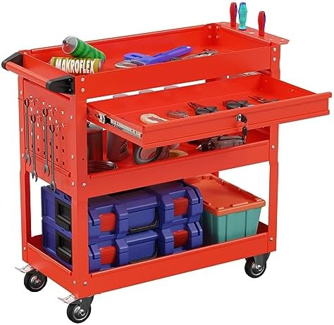 3-Tier Heavy Duty Utility Cart on Wheels, Rolling Tool Cart on Wheels with a Drawer, 350 Lbs Load Capacity Service Cart for Warehous, Garage and Repair Shop (Black)