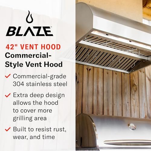 Blaze 42-Inch Outdoor Vent Hood | 304 Stainless Steel Construction | Dual 1000 CFM Blowers with 4-Speed Fan Control | Commercial Baffles & Halogen