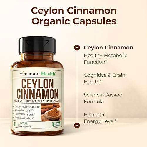 Organic Ceylon Cinnamon Capsules - Ceylon True Cinnamon Supplements (Canela de Ceylan) for Inflammation Balance, Cognitive Function, Metabolic
