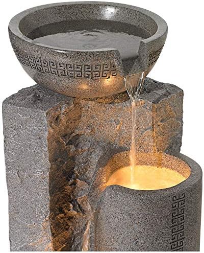 Outdoor Large Bowl and Pillar 34 1/2" High Modern Fountain with LED Lights | Zen Decor Faux Stone Floor Standing Waterfall Tiered Water Feature for