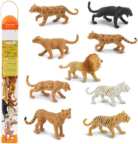 Safari Ltd. Big Cats TOOB - 9 Mini Figurines Including Lion, Tiger, White Tiger, Jaguar, Black Jaguar, Mountain Lion, Cheetah, Leopard