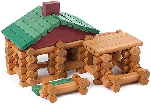Wondertoys 90 Pieces Classic Wood Cabin Logs Set, Building Log Toy for Children, Farm House Construction Educational Toys for 3 4 5 6 Years Old