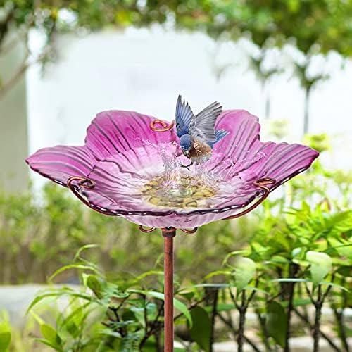 26" Glass Bird Bath, Outdoor Birdbath Bird Feeder Green Flower Metal Stake
