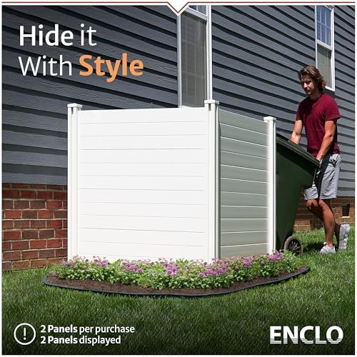 Enclo Premium White Vinyl Privacy Screen, DIY No Dig Kit | 4ftH x 4ftW, 2 Panels, Trash Can Fence, ZP19014