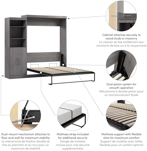 Bestar Nebula Queen Murphy Bed with Closet Organizer with Doors (90W) in Bark Gray, Sleeping Arrangement and Wardrobe for Multipurpose Room