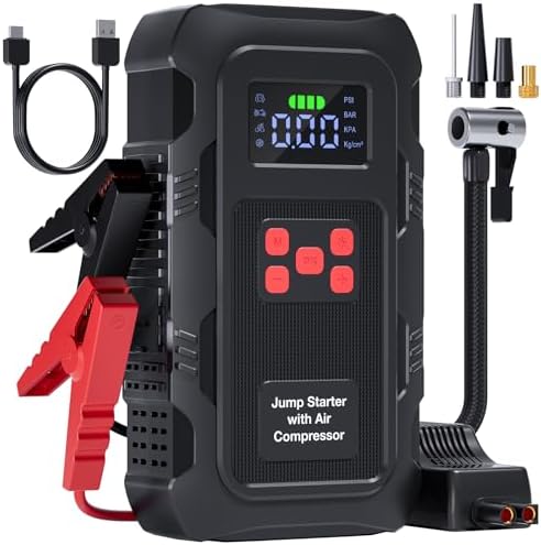 5000A Jump Starter with Air Compressor, Portable Car Battery Jump Starter with 150 PSI Tire Inflator for Up to 10.0L Gas and 8.0L Diesel Engines, 12V Jump Box Battery Charger Booster(Red)