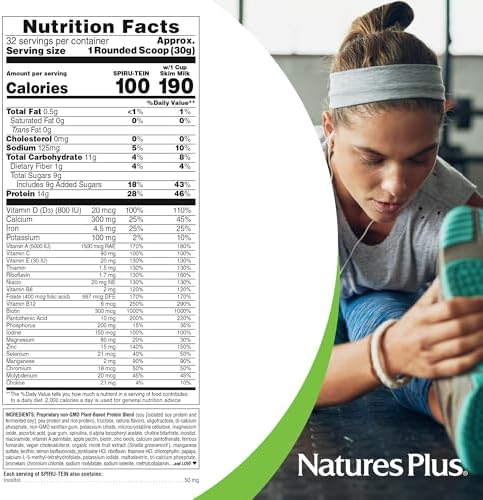 NaturesPlus SPIRU-TEIN, Vanilla - 1.06 lbs - Spirulina Protein Powder - Vitamins & Minerals for Energy - Vegetarian, Gluten Free - 16 Servings
