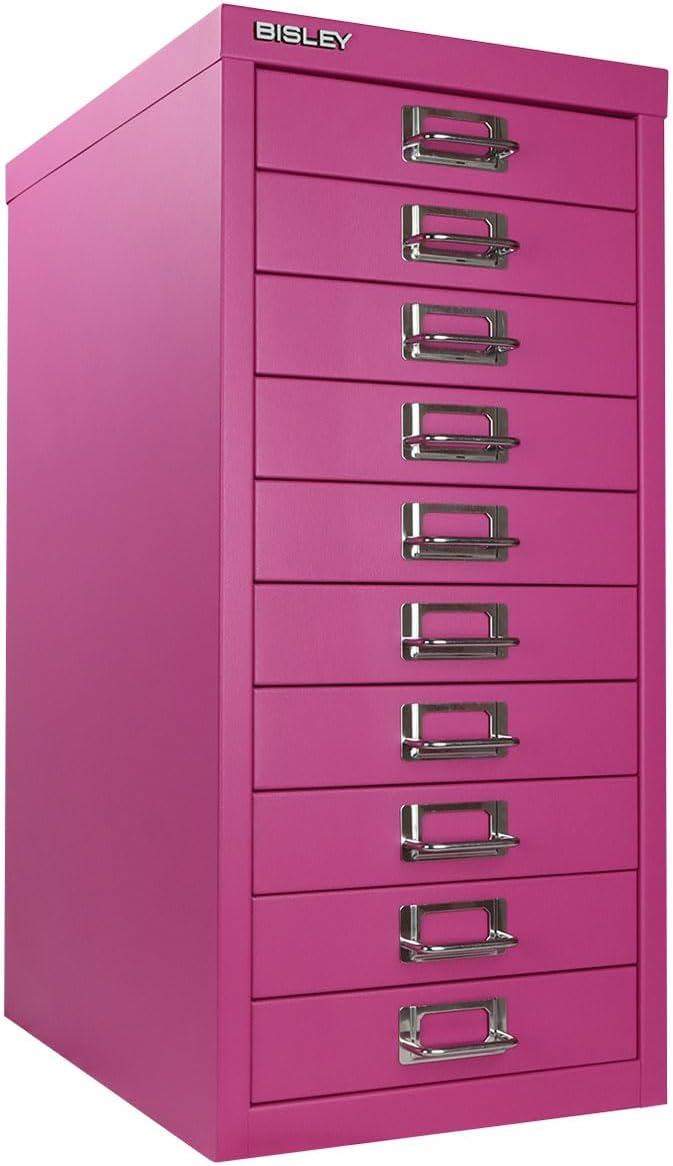 5-Drawer Steel MultiDrawer Cabinet - Orange, by Bisley | Chrome Pull Handles with Label Holders, Powder-Coated Steel, Removable Drawers, Desktop Storage, Labels Included