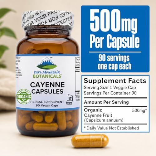 Pure Mountain Botanicals Cayenne Pepper Capsules - 500mg Organic, 90 Ct | Vegan, Kosher Certified, Gluten-Free, Capsaicin 40000-60000 HU